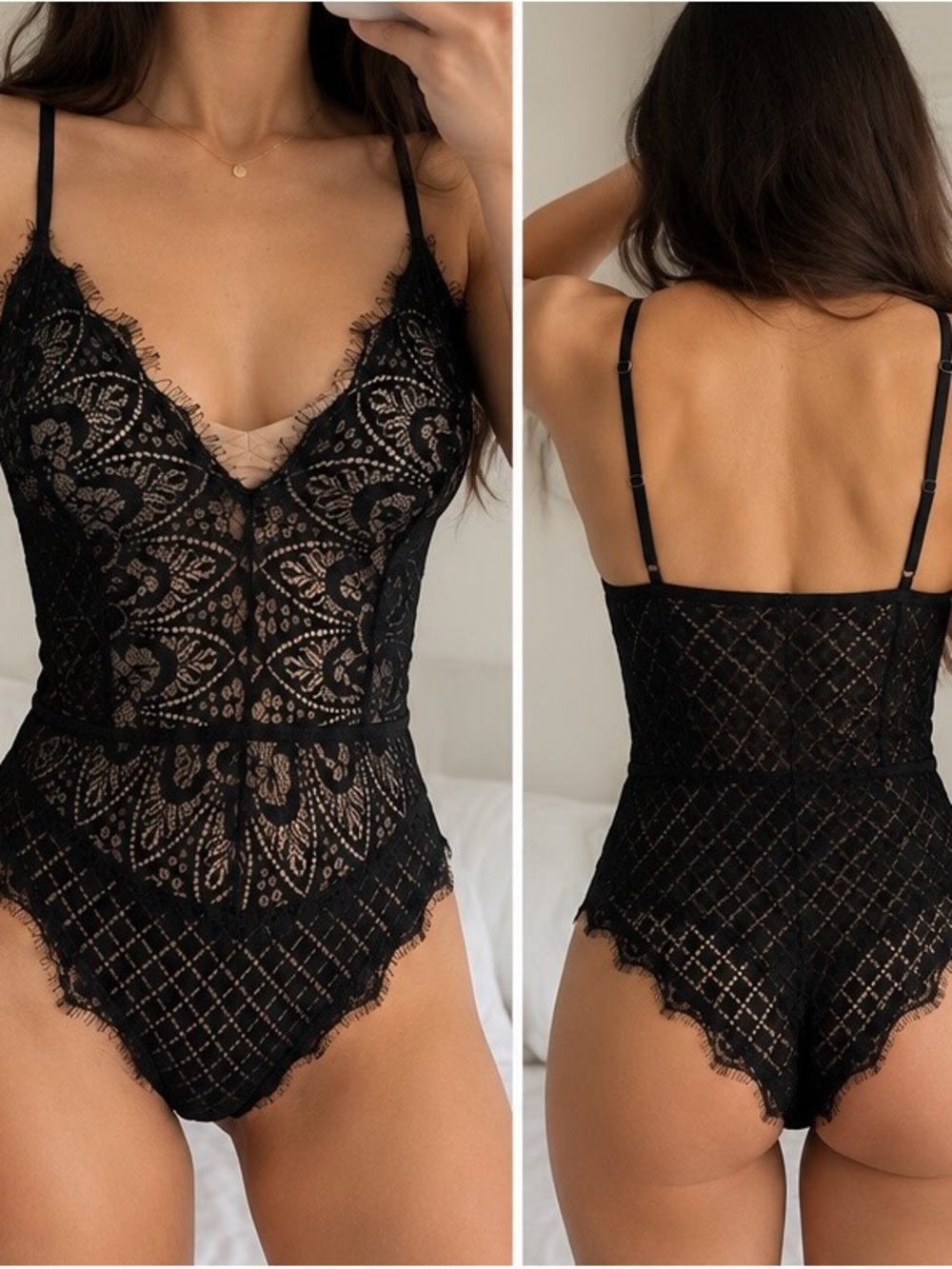 Black Lace V-Neck Bodysuit for Women